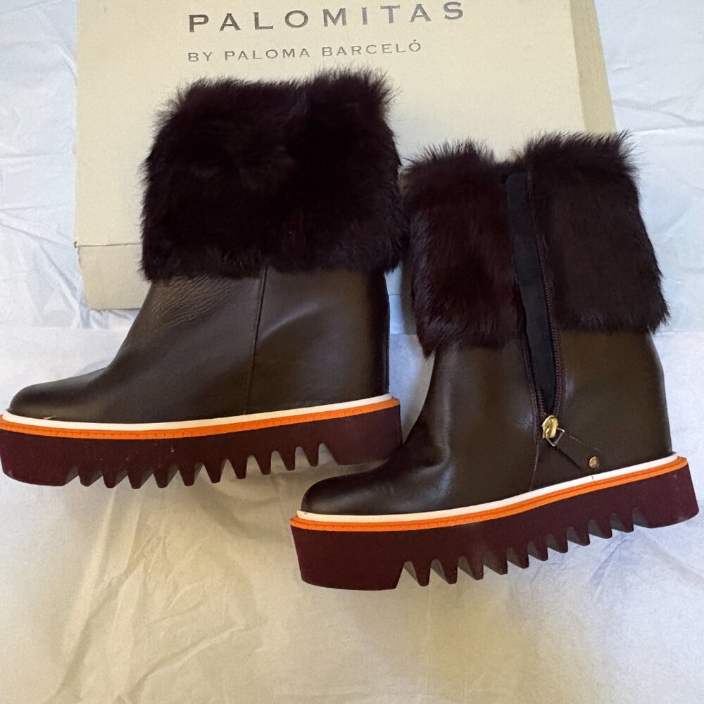 Palomitas Paloma Barcelo Boots Wedge Booties Sz 38EU/37.5US Real Fur Decor $590 - Picture 3 of 13